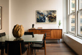 Paul Sinus Wandbild 120x80cm Abstrakte Farbexplosion Moderne Kunst Dynamische Komposition in Blau Gold und Weiss
