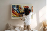 Paul Sinus Wandbild 120x80cm abstrakte Farbexplosion moderne Kunst rot blau gelb dynamische Malerei grosses Kunstbild stilvolle Wanddekoration fuer Wohnzimmer Büro Atelier
