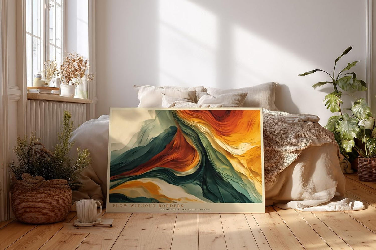 Paul Sinus Wandbild 120x80cm abstrakte Farbkomposition orange gelb gruen moderne Kunst dynamische Linien abstrakte Wanddekoration fuer Wohnzimmer Büro