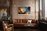 Paul Sinus Wandbild 120x80cm abstrakte Farblandschaft mit Licht und Bewegung moderne Kunst in Blau Orange und Gold dynamisches Kunstbild für Wohnzimmer Büro