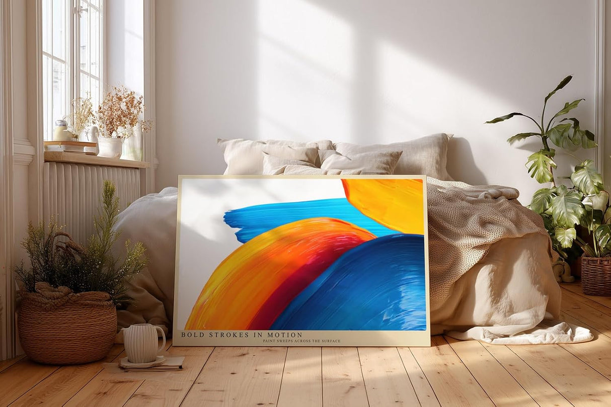 Paul Sinus Wandbild 120x80cm abstrakte Farbmalerei moderne Pinselstriche in blau orange gelb dynamisches Kunstposter kreative Wanddekoration fuer Wohnzimmer Büro Atelier