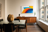 Paul Sinus Wandbild 120x80cm abstrakte Farbmalerei moderne Pinselstriche in blau orange gelb dynamisches Kunstposter kreative Wanddekoration fuer Wohnzimmer Büro Atelier