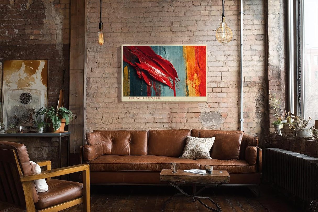 Paul Sinus Wandbild 120x80cm Abstrakte Farbstruktur Rot Blau Moderne Kunst auf Holzoptik fuer Wohnzimmer Büro und Loft