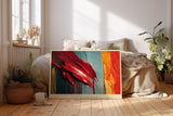 Paul Sinus Wandbild 120x80cm Abstrakte Farbstruktur Rot Blau Moderne Kunst auf Holzoptik fuer Wohnzimmer Büro und Loft