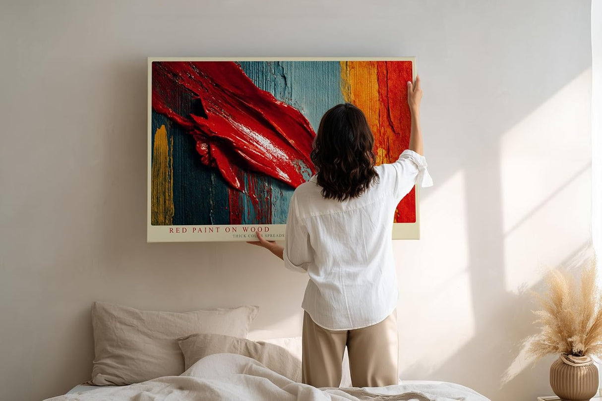 Paul Sinus Wandbild 120x80cm Abstrakte Farbstruktur Rot Blau Moderne Kunst auf Holzoptik fuer Wohnzimmer Büro und Loft