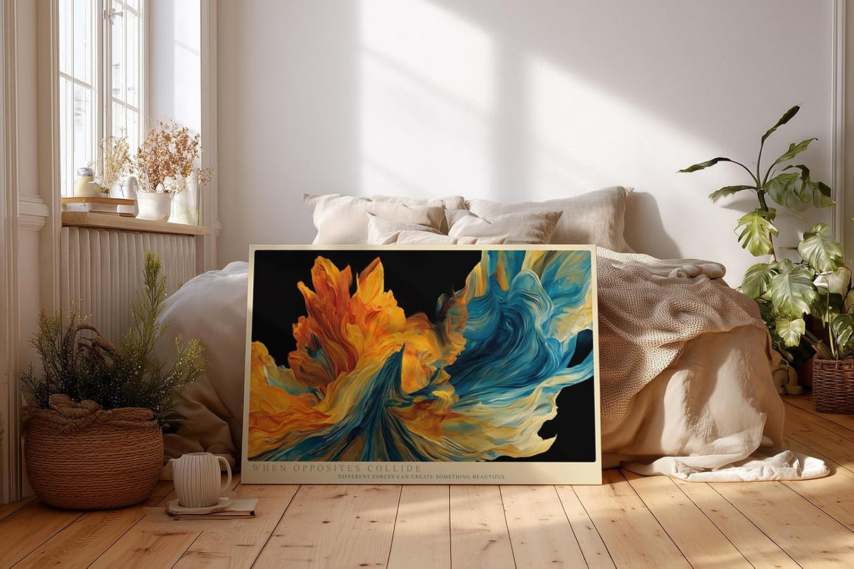 Paul Sinus Wandbild 120x80cm abstrakte Farbwellen moderne Kunst in Blau und Orange dynamische abstrakte Komposition stilvolle Wanddekoration fuer Wohnzimmer Büro