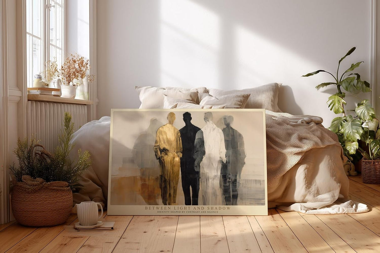 Paul Sinus Wandbild 120x80cm abstrakte Figuren Kunst modern beige schwarz gold minimalistische Menschen Silhouetten stilvolle Wanddekoration fuer Wohnzimmer Büro