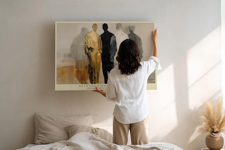 Paul Sinus Wandbild 120x80cm abstrakte Figuren Kunst modern beige schwarz gold minimalistische Menschen Silhouetten stilvolle Wanddekoration fuer Wohnzimmer Büro