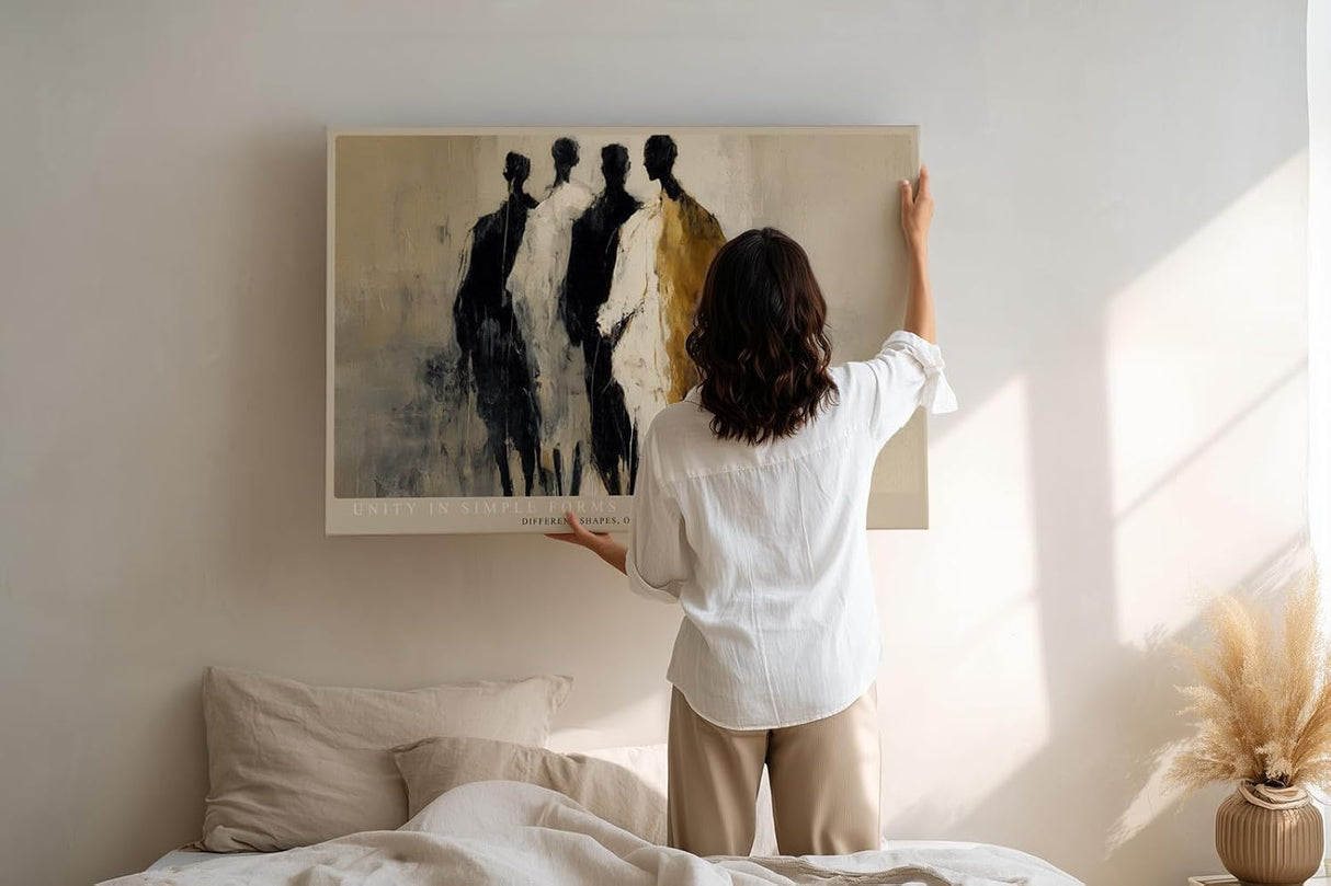 Paul Sinus Wandbild 120x80cm abstrakte Figuren modern beige schwarz gold Kunst Kunstdruck grosses Kunstbild stilvolle Wanddekoration fuer Wohnzimmer Büro Flur
