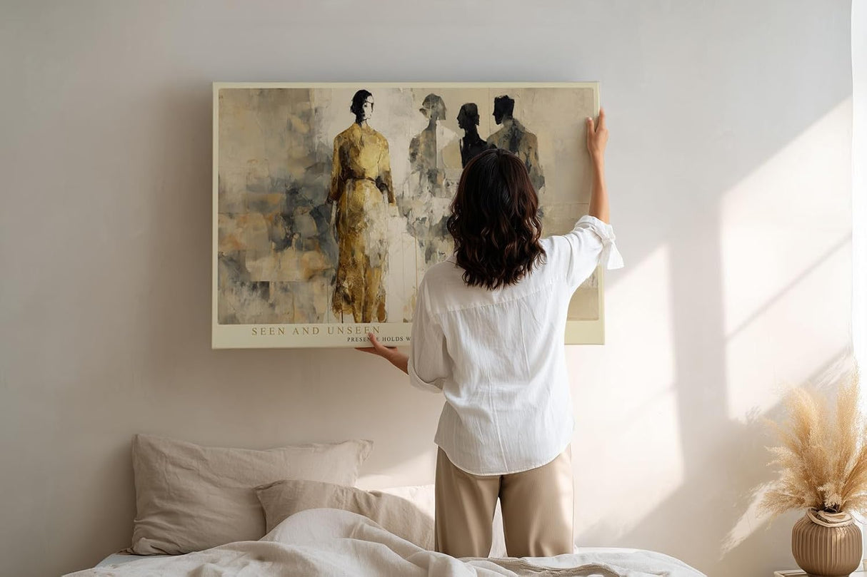 Paul Sinus Wandbild 120x80cm abstrakte Figuren moderne Kunst Menschen Silhouetten beige goldene Farbtoene stilvolle Leinwand Wanddekoration fuer Wohnzimmer Büro