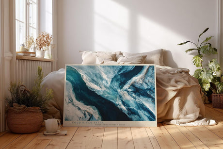 Paul Sinus Wandbild 120x80cm abstrakte Flusslandschaft blau weiss moderne Naturkunst Luftaufnahme Stil Wanddekoration fuer Wohnzimmer Büro