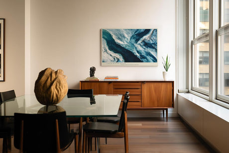 Paul Sinus Wandbild 120x80cm abstrakte Flusslandschaft blau weiss moderne Naturkunst Luftaufnahme Stil Wanddekoration fuer Wohnzimmer Büro