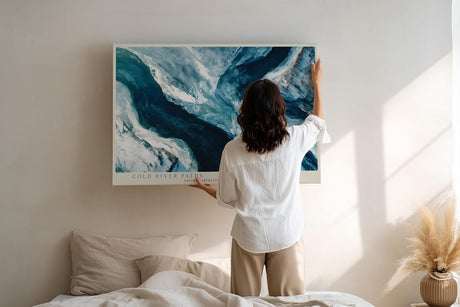 Paul Sinus Wandbild 120x80cm abstrakte Flusslandschaft blau weiss moderne Naturkunst Luftaufnahme Stil Wanddekoration fuer Wohnzimmer Büro