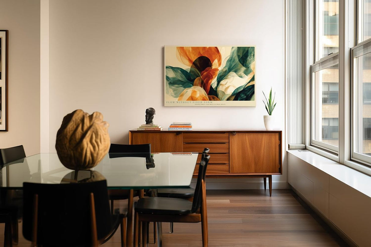 Paul Sinus Wandbild 120x80cm abstrakte Formen modern orange gruen fliessende Linien Kunst Kunstdruck grosses Kunstbild stilvolle Wanddekoration fuer Wohnzimmer Büro Flur