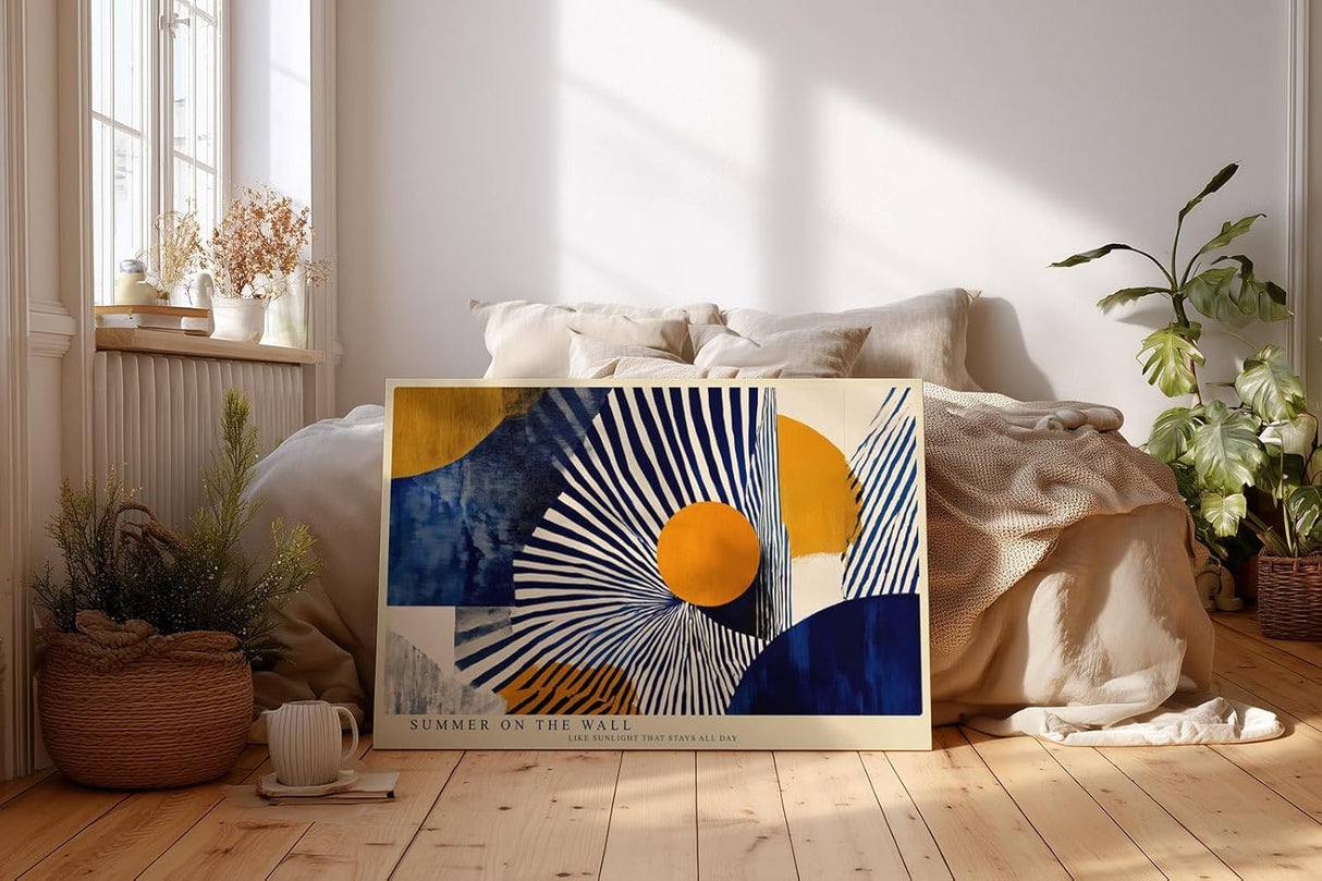 Paul Sinus Wandbild 120x80cm abstrakte geometrische Kunst blau weiss orange modernes Designmotiv stilvolle Wanddekoration fuer Wohnzimmer Büro