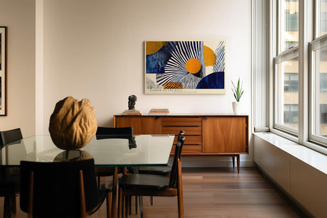 Paul Sinus Wandbild 120x80cm abstrakte geometrische Kunst blau weiss orange modernes Designmotiv stilvolle Wanddekoration fuer Wohnzimmer Büro