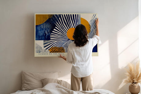Paul Sinus Wandbild 120x80cm abstrakte geometrische Kunst blau weiss orange modernes Designmotiv stilvolle Wanddekoration fuer Wohnzimmer Büro