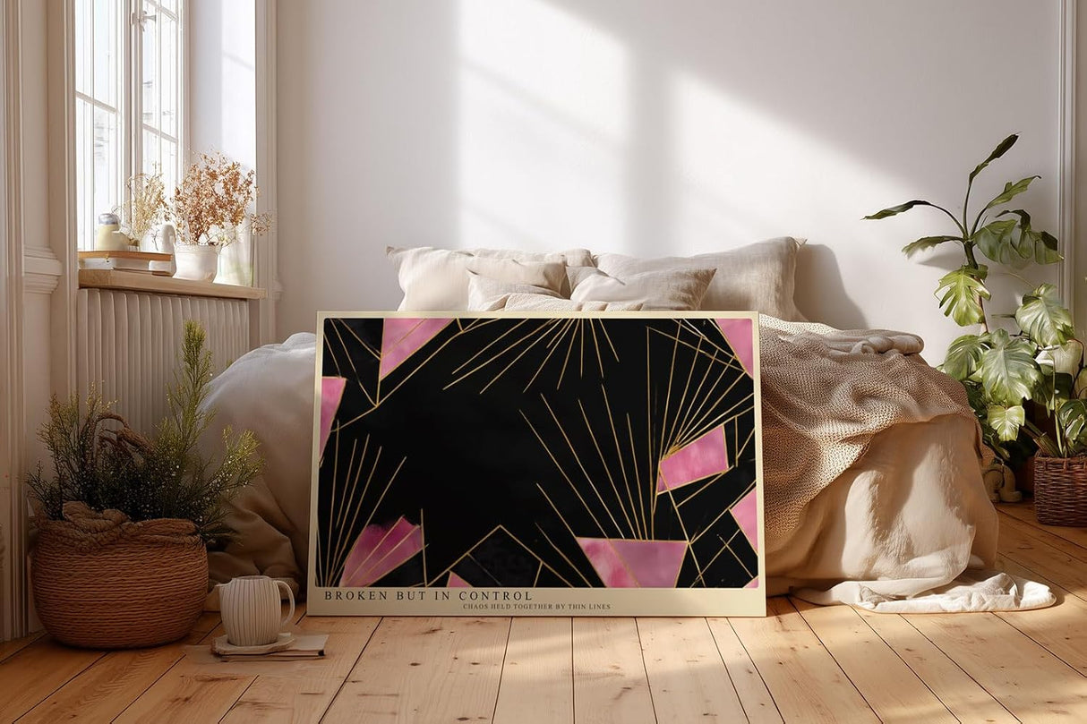 Paul Sinus Wandbild 120x80cm Abstrakte Geometrische Kunst Schwarz Pink Gold Linien Modernes Design Kunstdruck Poster Grosse Wanddekoration fuer Wohnzimmer Schlafzimmer Büro