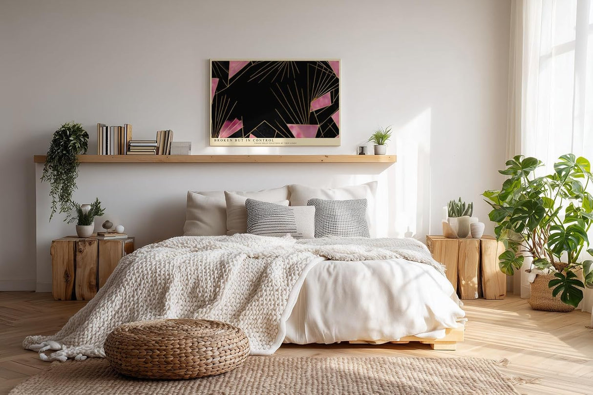 Paul Sinus Wandbild 120x80cm Abstrakte Geometrische Kunst Schwarz Pink Gold Linien Modernes Design Kunstdruck Poster Grosse Wanddekoration fuer Wohnzimmer Schlafzimmer Büro