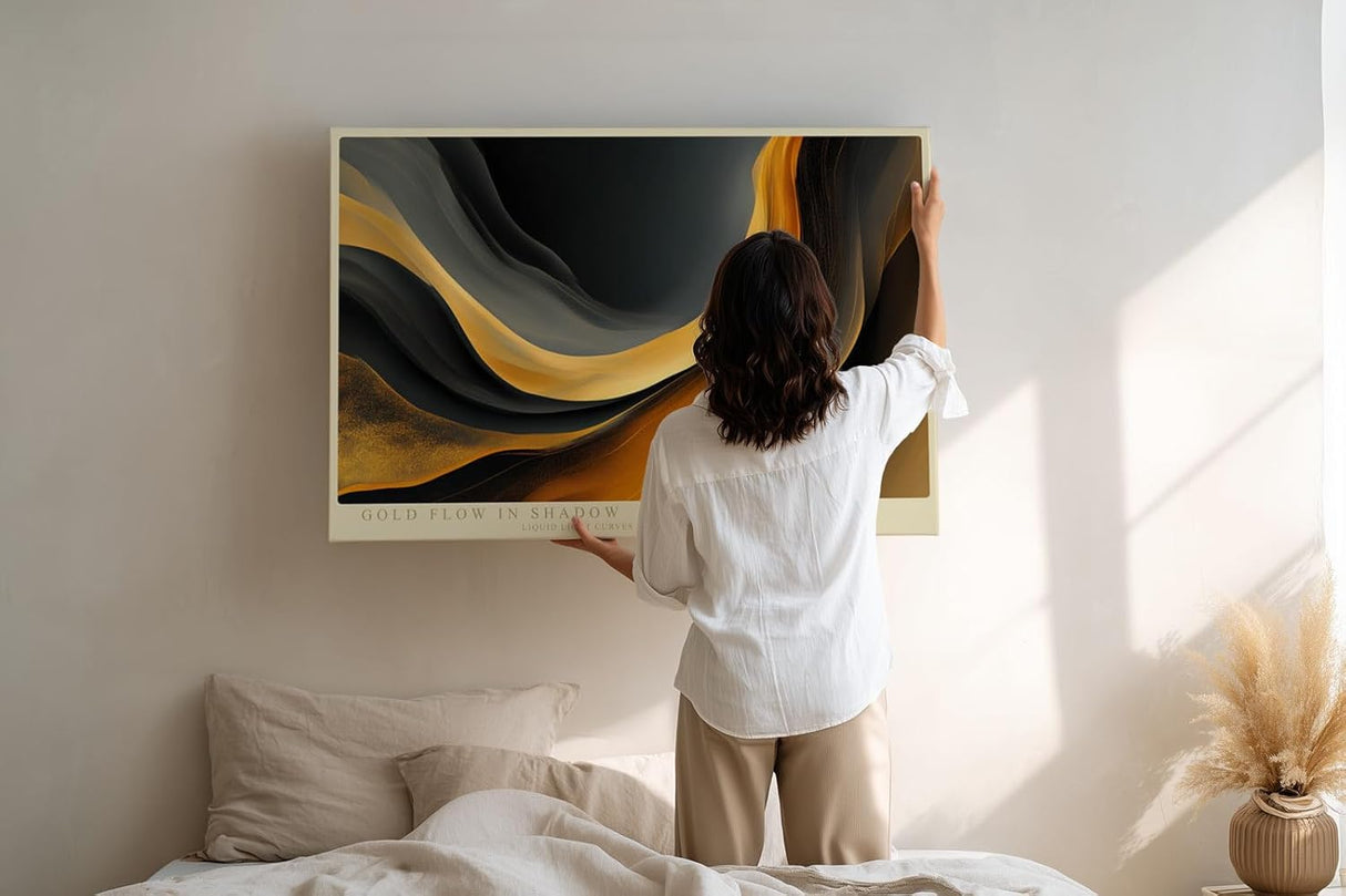 Paul Sinus Wandbild 120x80cm Abstrakte Goldene Linien Moderne Luxus Kunst in Schwarz und Gold für Wohnzimmer Büro Flur