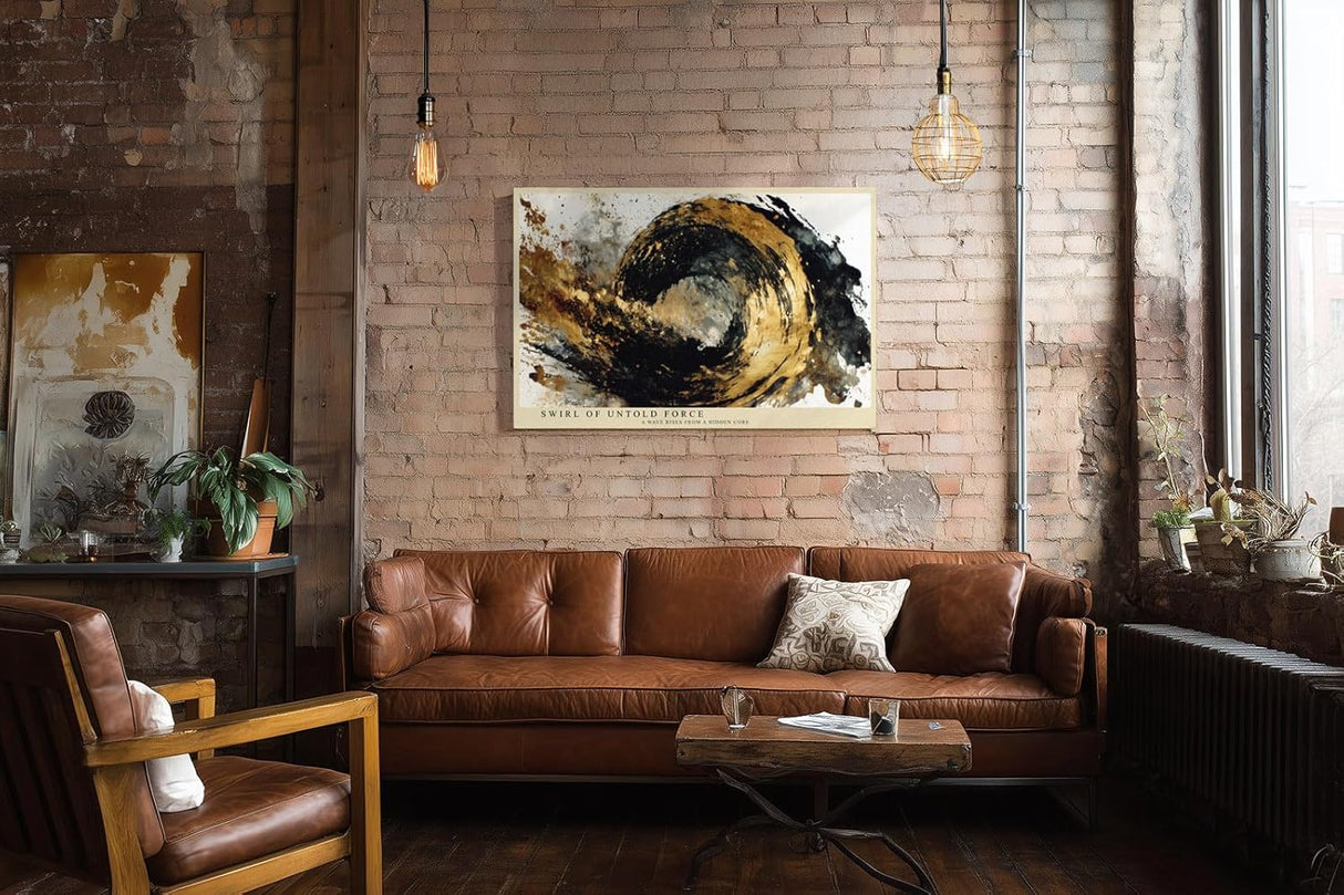Paul Sinus Wandbild 120x80cm Abstrakte Goldene Welle Moderne Kunst in Schwarz Gold Dynamisches Design für Wohnzimmer Büro und Galerie