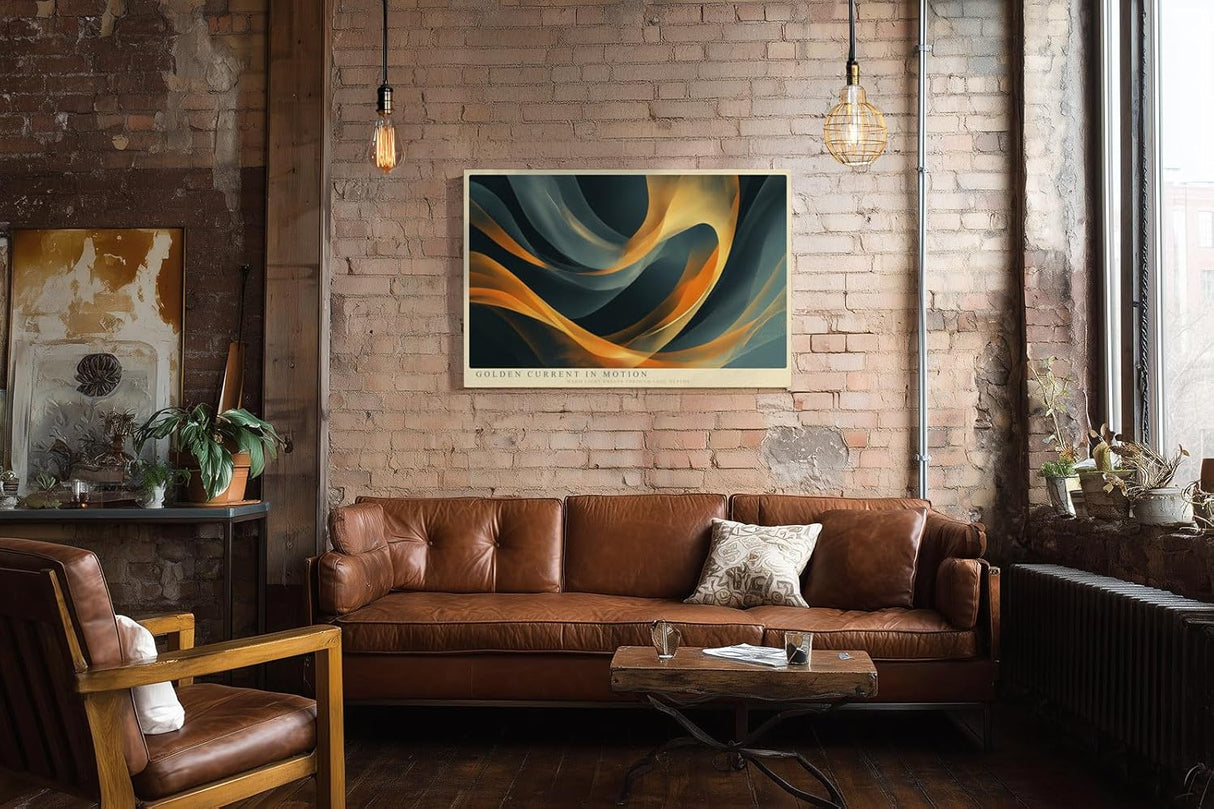 Paul Sinus Wandbild 120x80cm Abstrakte Goldene Wellen Moderne Kunst in Blau und Gold für Wohnzimmer Büro Schlafzimmer
