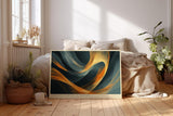 Paul Sinus Wandbild 120x80cm Abstrakte Goldene Wellen Moderne Kunst in Blau und Gold für Wohnzimmer Büro Schlafzimmer