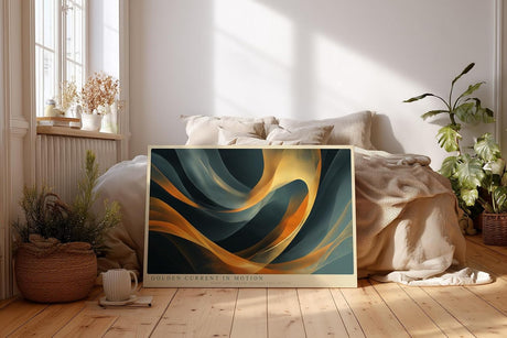 Paul Sinus Wandbild 120x80cm Abstrakte Goldene Wellen Moderne Kunst in Blau und Gold für Wohnzimmer Büro Schlafzimmer