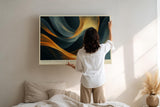 Paul Sinus Wandbild 120x80cm Abstrakte Goldene Wellen Moderne Kunst in Blau und Gold für Wohnzimmer Büro Schlafzimmer
