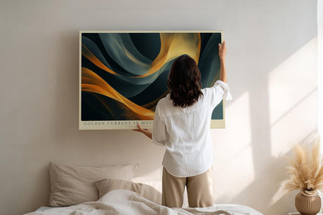 Paul Sinus Wandbild 120x80cm Abstrakte Goldene Wellen Moderne Kunst in Blau und Gold für Wohnzimmer Büro Schlafzimmer