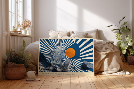 Paul Sinus Wandbild 120x80cm abstrakte Grafik Landschaft mit Sonne Pop Art Stil blau orange modernes Kunstbild grafische Wanddekoration für Wohnzimmer Büro Atelier