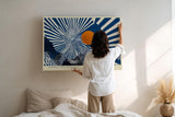 Paul Sinus Wandbild 120x80cm abstrakte Grafik Landschaft mit Sonne Pop Art Stil blau orange modernes Kunstbild grafische Wanddekoration für Wohnzimmer Büro Atelier