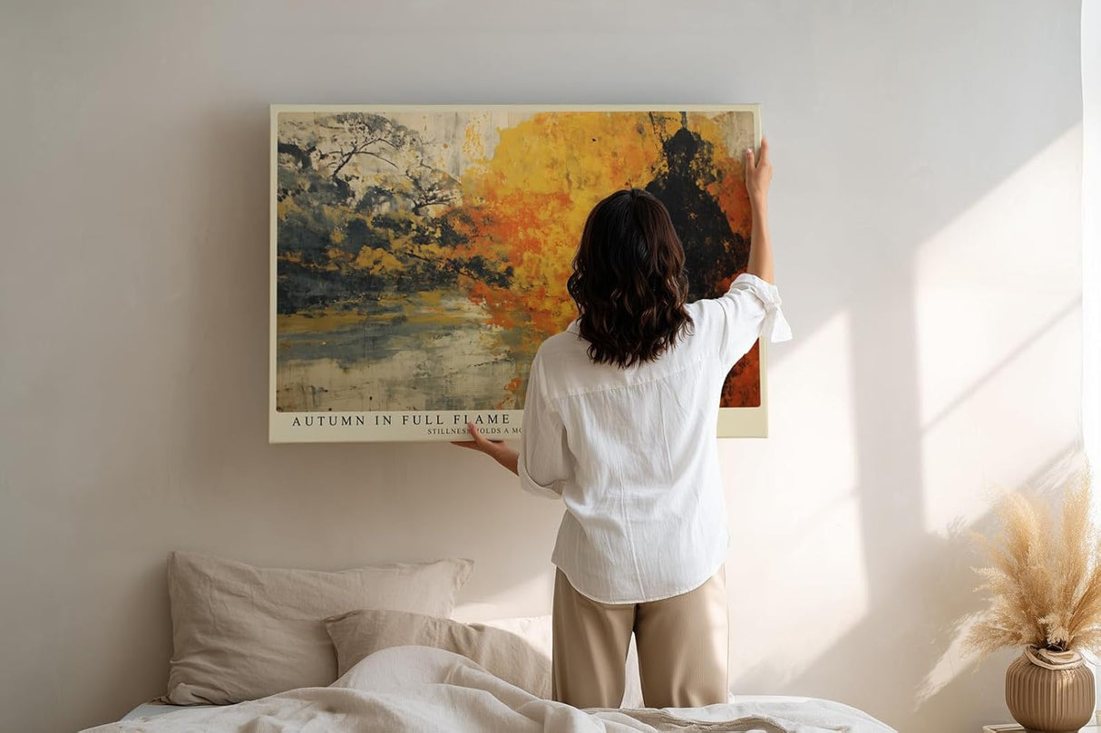 Paul Sinus Wandbild 120x80cm abstrakte Herbst Landschaft orange gelb moderne Malerei Natur Kunstdruck grosses Kunstbild warme Wanddekoration fuer Wohnzimmer Büro