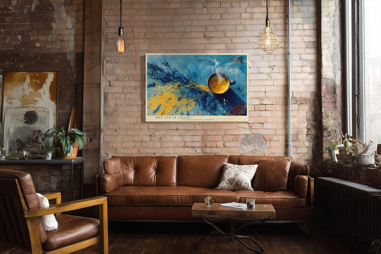 Paul Sinus Wandbild 120x80cm Abstrakte Kaffeetasse Splash Kunst in Blau Gelb Moderne Wanddekoration Kueche