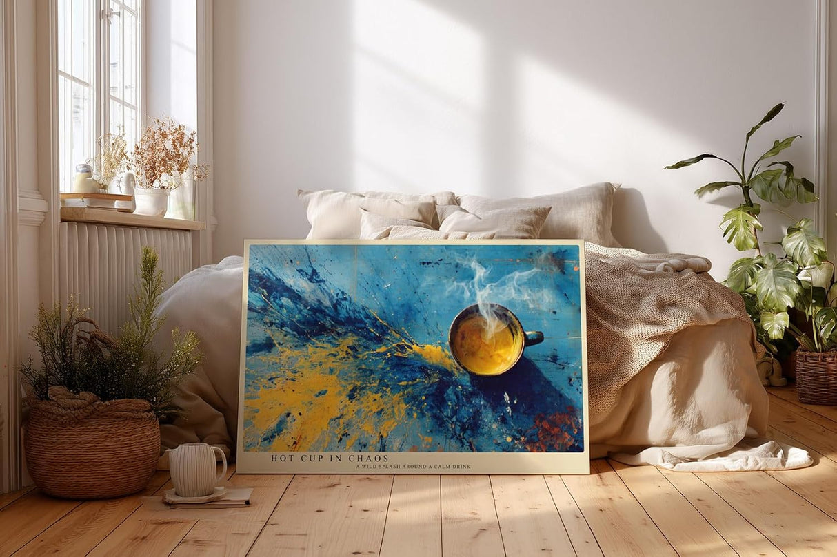 Paul Sinus Wandbild 120x80cm Abstrakte Kaffeetasse Splash Kunst in Blau Gelb Moderne Wanddekoration Kueche