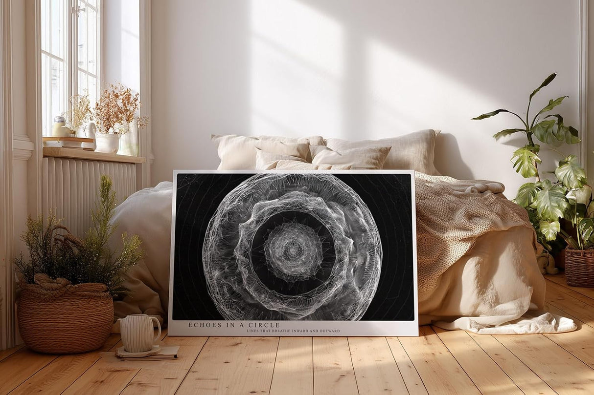 Paul Sinus Wandbild 120x80cm abstrakte Kreisstruktur monochrom moderne Linienkunst schwarz weiss spirituelle Geometrie grosses Kunstbild Wanddekoration fuer Wohnzimmer Büro Flur
