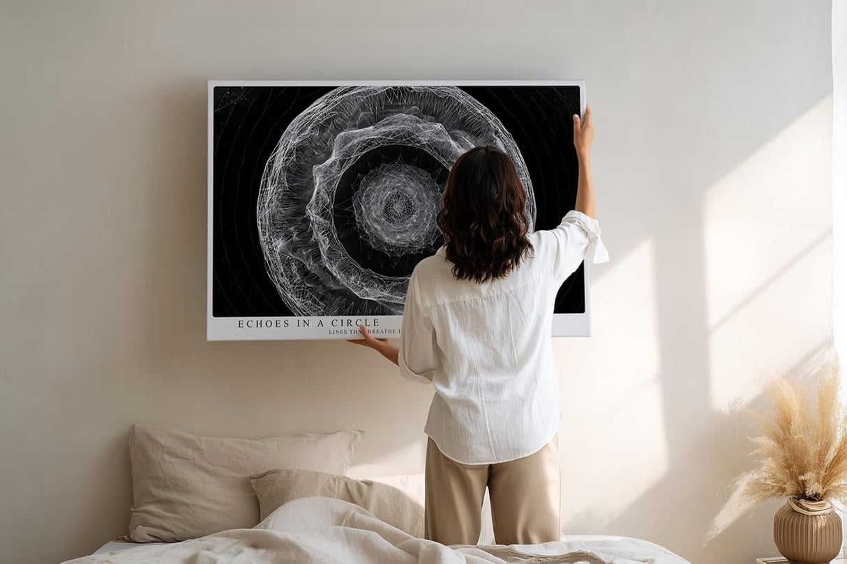 Paul Sinus Wandbild 120x80cm abstrakte Kreisstruktur monochrom moderne Linienkunst schwarz weiss spirituelle Geometrie grosses Kunstbild Wanddekoration fuer Wohnzimmer Büro Flur