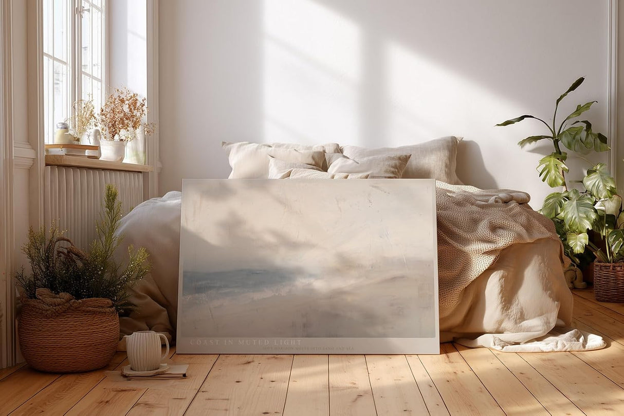 Paul Sinus Wandbild 120x80cm Abstrakte Küstenlandschaft Minimalistische Strand Kunst in Sanften Naturfarben für Wohnzimmer Schlafzimmer