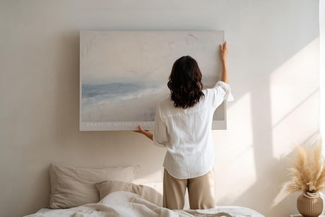 Paul Sinus Wandbild 120x80cm Abstrakte Küstenlandschaft Minimalistische Strand Kunst in Sanften Naturfarben für Wohnzimmer Schlafzimmer