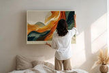 Paul Sinus Wandbild 120x80cm abstrakte Landschaft fliessende Farben orange gruen moderne Kunst stilvolle abstrakte Wanddekoration fuer Wohnzimmer Büro