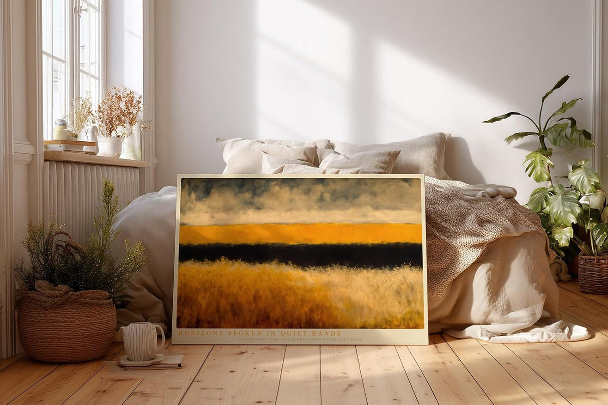 Paul Sinus Wandbild 120x80cm Abstrakte Landschaft mit goldenen Feldern moderne Naturkunst mit ruhiger Horizontkomposition