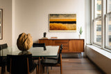 Paul Sinus Wandbild 120x80cm Abstrakte Landschaft mit goldenen Feldern moderne Naturkunst mit ruhiger Horizontkomposition