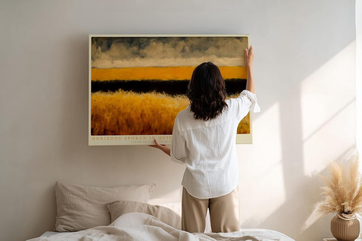 Paul Sinus Wandbild 120x80cm Abstrakte Landschaft mit goldenen Feldern moderne Naturkunst mit ruhiger Horizontkomposition