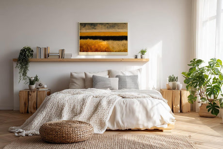 Paul Sinus Wandbild 120x80cm Abstrakte Landschaft mit goldenen Feldern moderne Naturkunst mit ruhiger Horizontkomposition