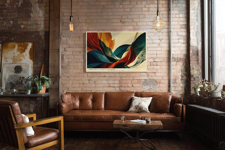 Paul Sinus Wandbild 120x80cm abstrakte Landschaft modern orange blau organische Formen Kunst Kunstdruck grosses Kunstbild moderne Wanddekoration fuer Wohnzimmer Büro