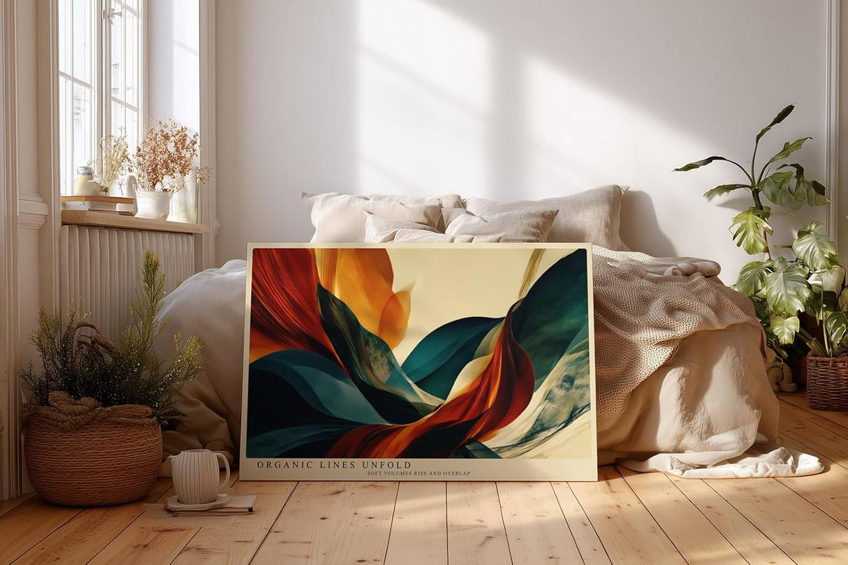 Paul Sinus Wandbild 120x80cm abstrakte Landschaft modern orange blau organische Formen Kunst Kunstdruck grosses Kunstbild moderne Wanddekoration fuer Wohnzimmer Büro