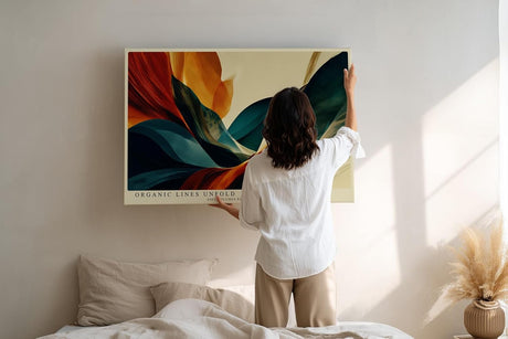Paul Sinus Wandbild 120x80cm abstrakte Landschaft modern orange blau organische Formen Kunst Kunstdruck grosses Kunstbild moderne Wanddekoration fuer Wohnzimmer Büro