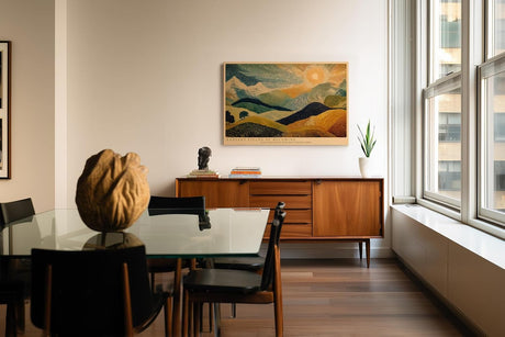 Paul Sinus Wandbild 120x80cm Abstrakte Landschaft Punktmalerei Sonne Huegellandschaft moderne Kunst Wanddekoration Wohnzimmer