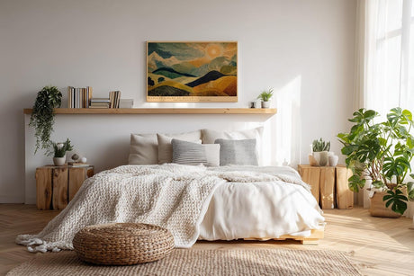 Paul Sinus Wandbild 120x80cm Abstrakte Landschaft Punktmalerei Sonne Huegellandschaft moderne Kunst Wanddekoration Wohnzimmer