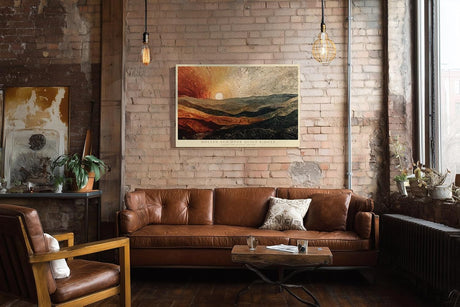 Paul Sinus Wandbild 120x80cm Abstrakte Landschaft Sonne Berge Kunstmotiv Moderne Naturkomposition mit warmen Erdtoenen